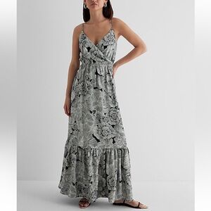 Express long maxi dress tank tiered black white floral XS new